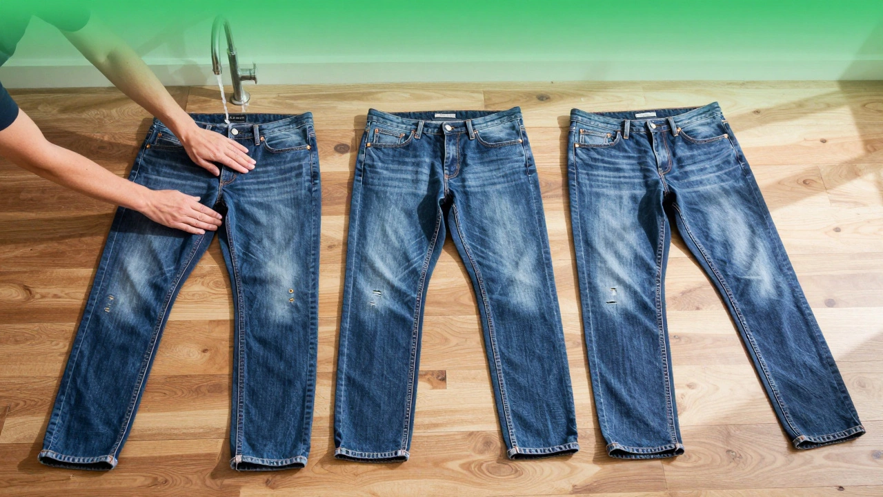 Three premium denim pairs laid out with visible repair stitches and a dripping faucet, symbolizing care and longevity.