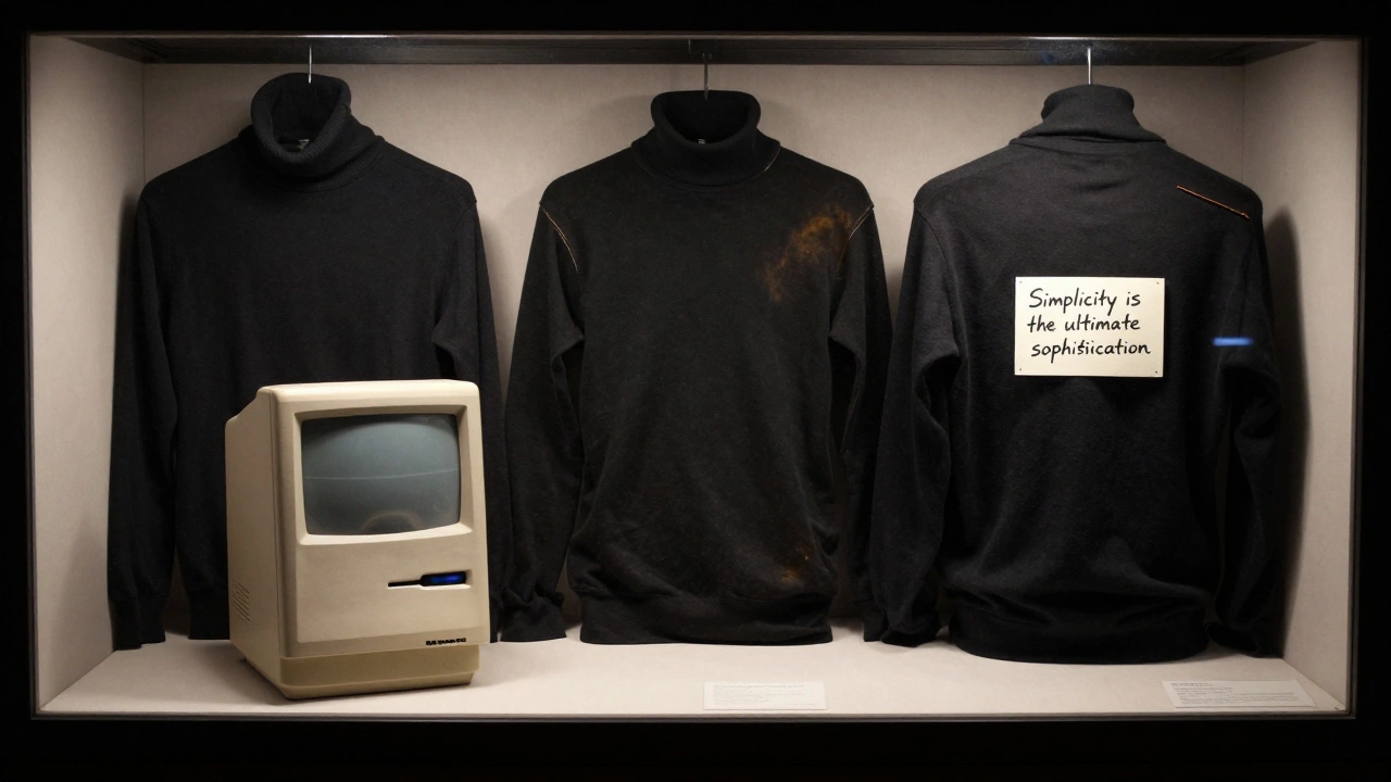 Three worn black turtlenecks displayed in a museum next to early Apple products.