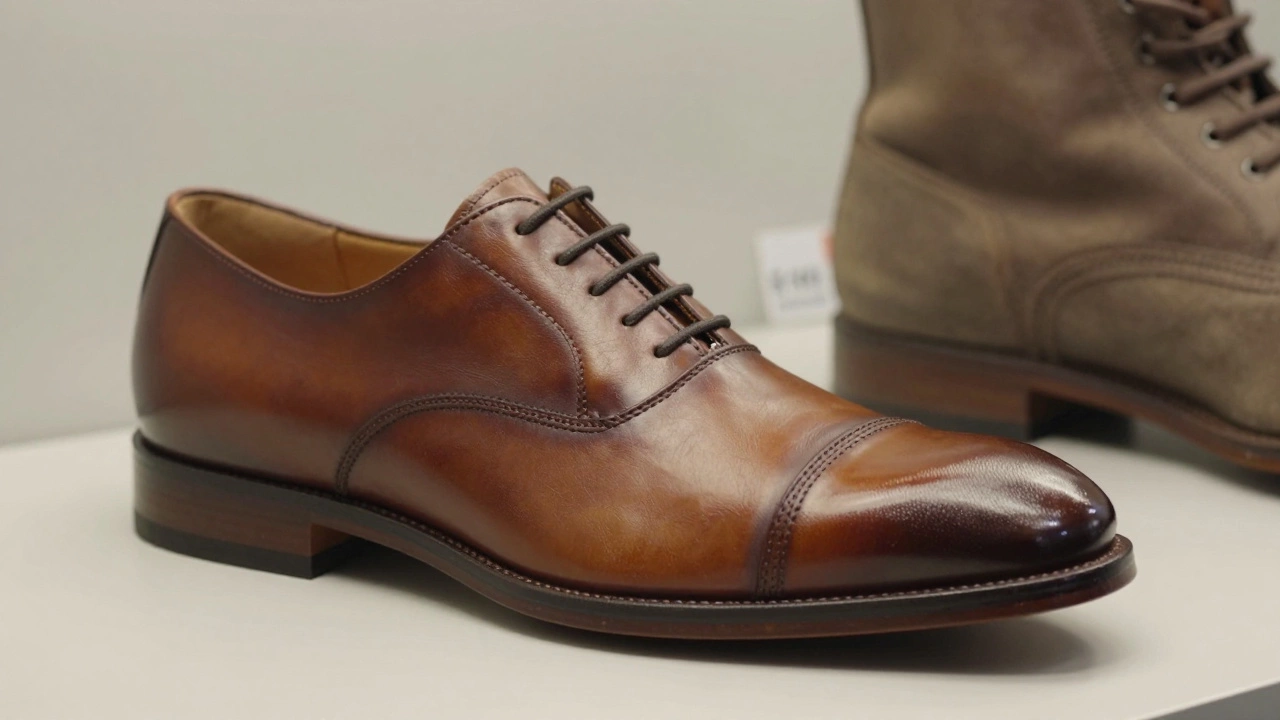 Top grain leather dress shoe with smooth, uniform finish beside a faded full grain boot.