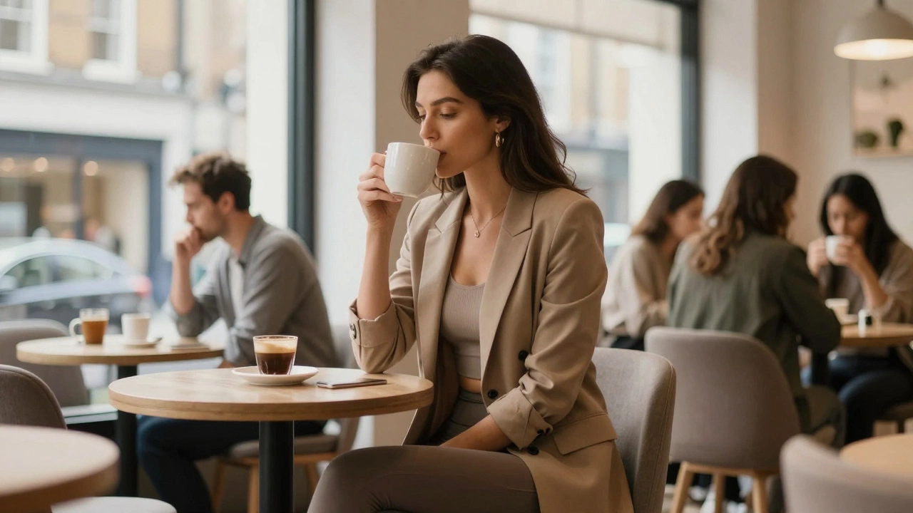Woman in leggings and blazer sipping coffee at London café