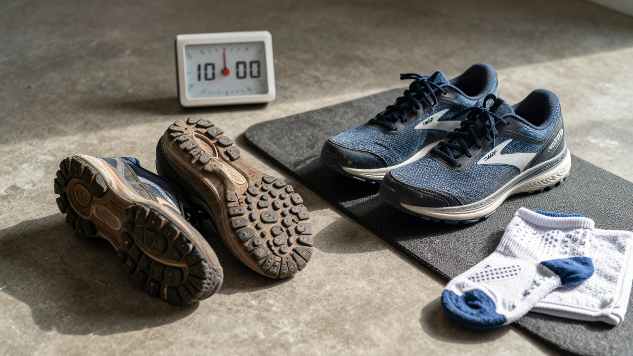 Worn-out work shoes next to new supportive pair on a mat with socks and timer