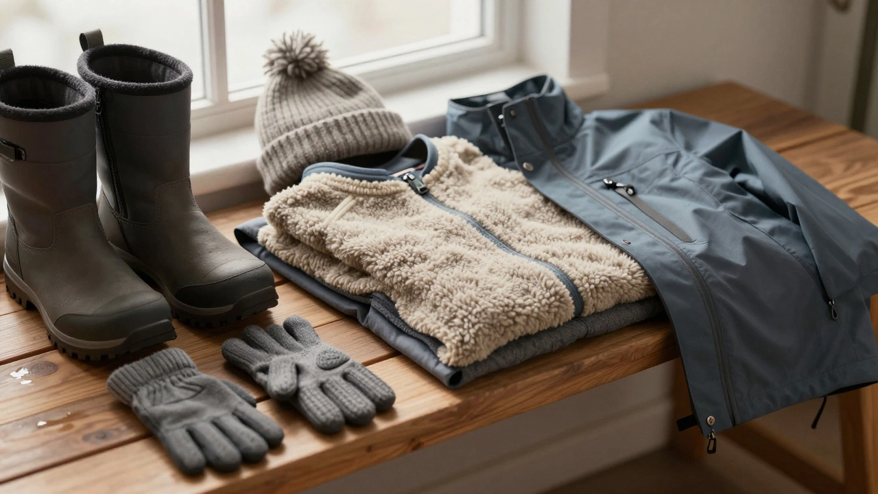 A detailed display of three-layer winter clothing system with boots, gloves, and hat beside it.