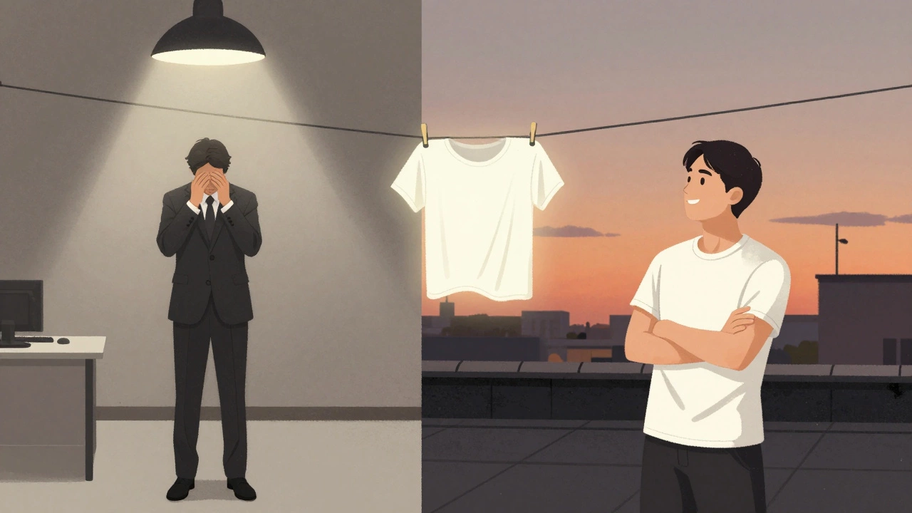 A person in a suit contrasts with the same person in a t-shirt on a rooftop, symbolizing emotional release.