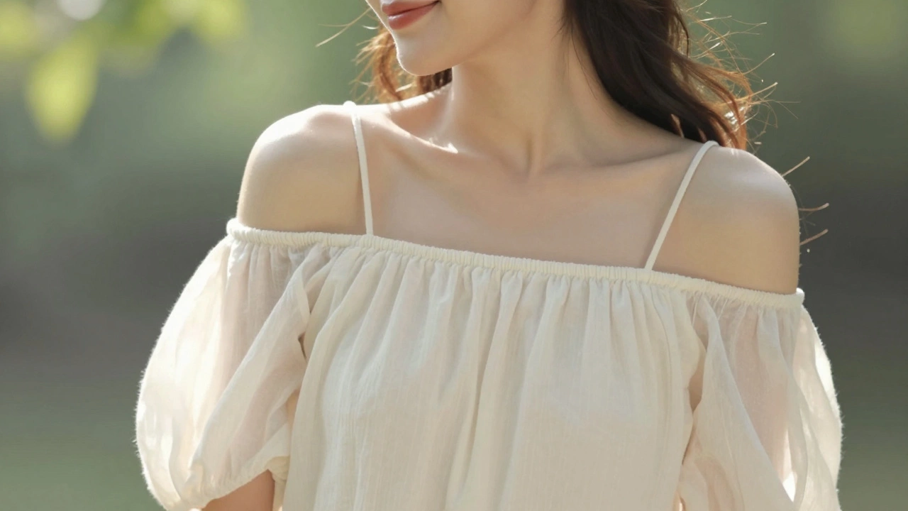 Close-up of shoulders in a cream off-the-shoulder dress with soft sunlight.