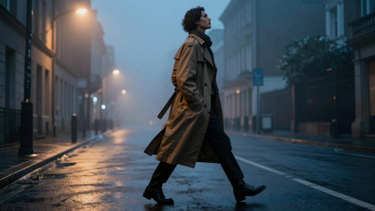 Confident individual walking down a misty street in a long trench coat.