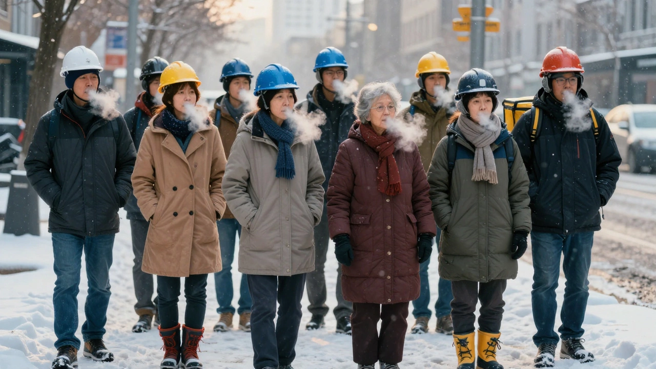 Diverse Americans in winter gear standing together in snow, showing practical cold-weather attire.