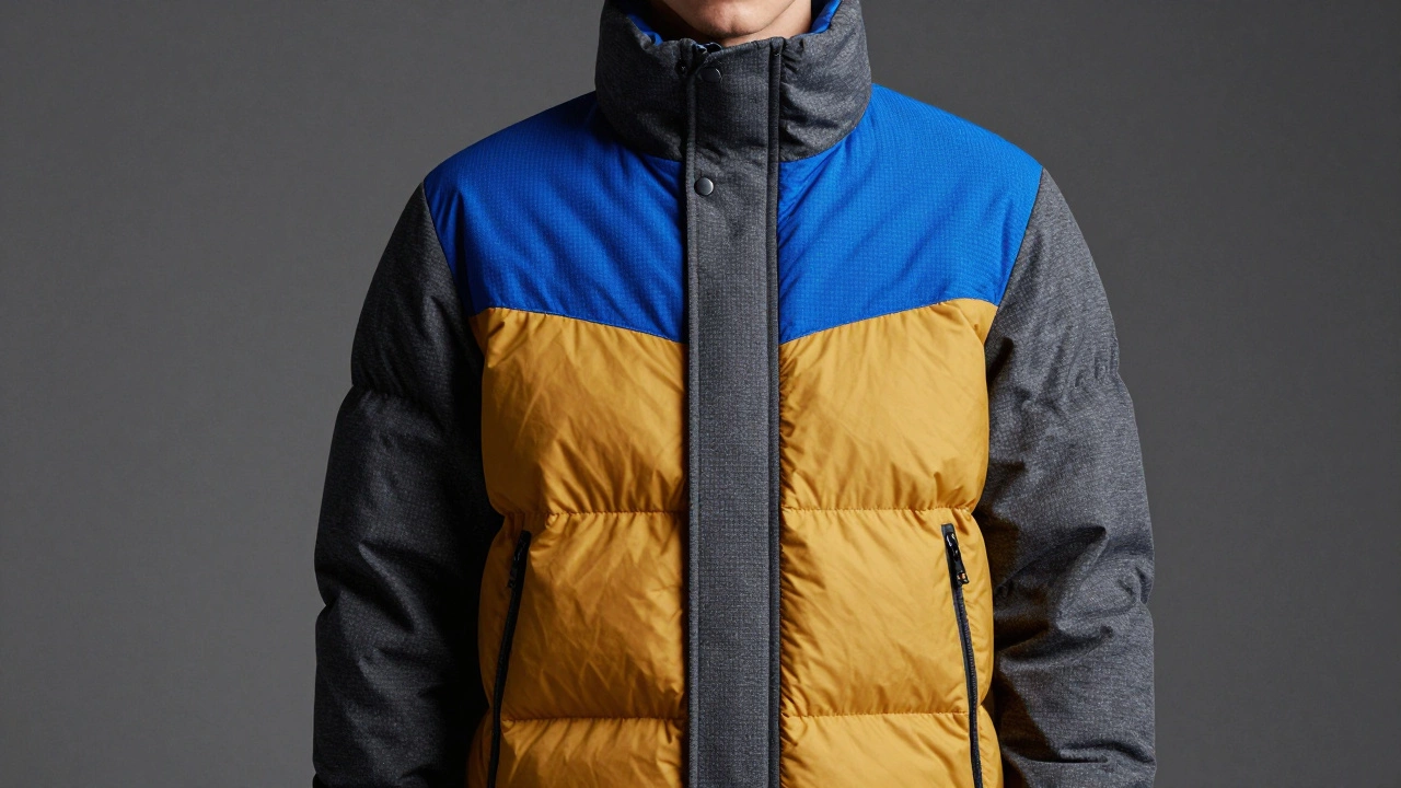 Model wearing a technical puffer jacket with bold color blocking panels.