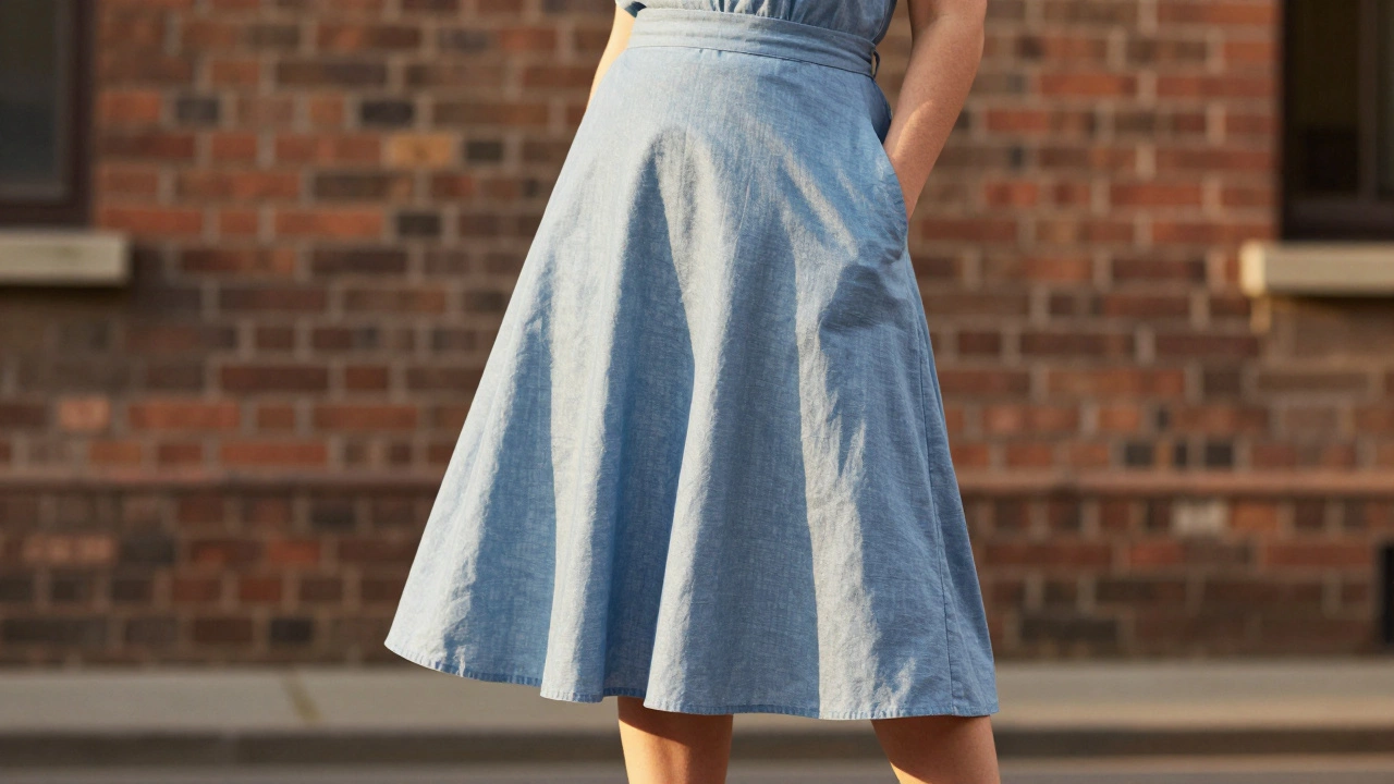 Model wearing flowing A-line skirt showing comfortable summer fit.