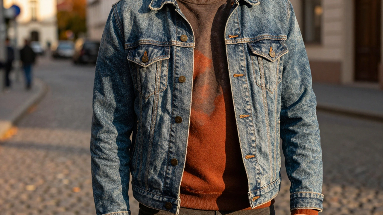 Person wearing a denim jacket layered over a sweater on an autumn street.