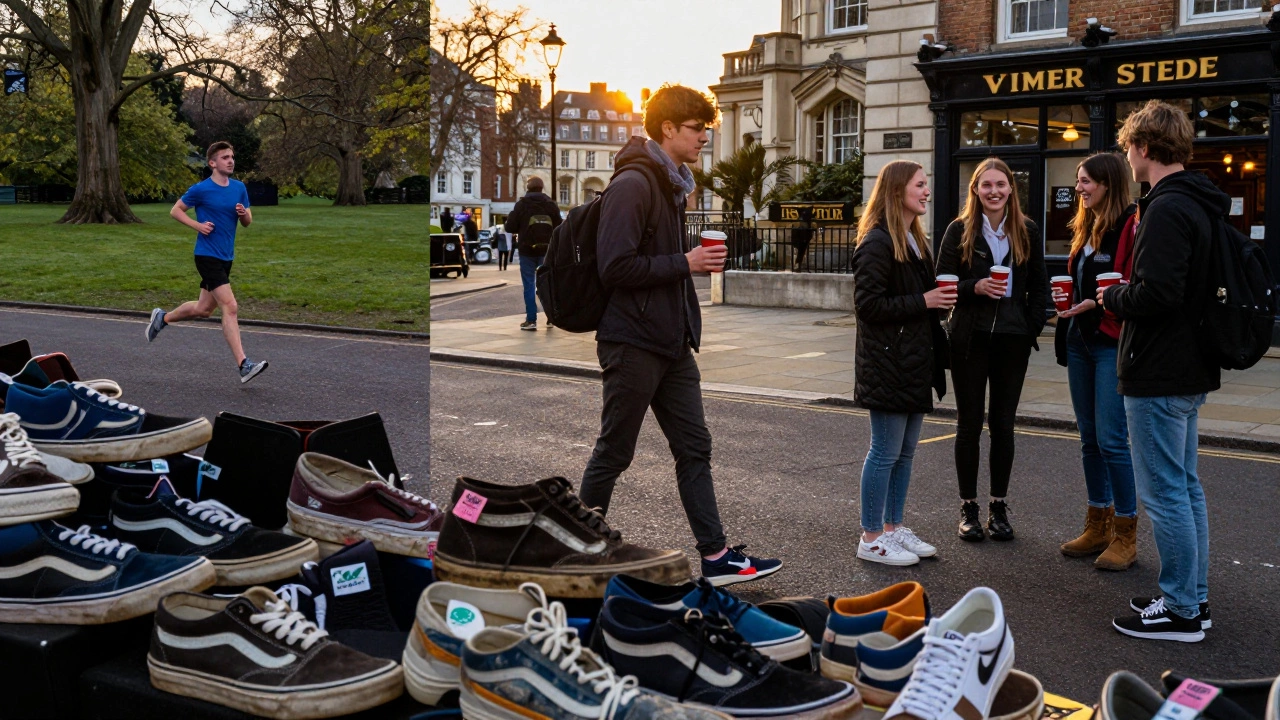 Scenes of British life showing runners, students, and friends all wearing trainers in everyday settings.