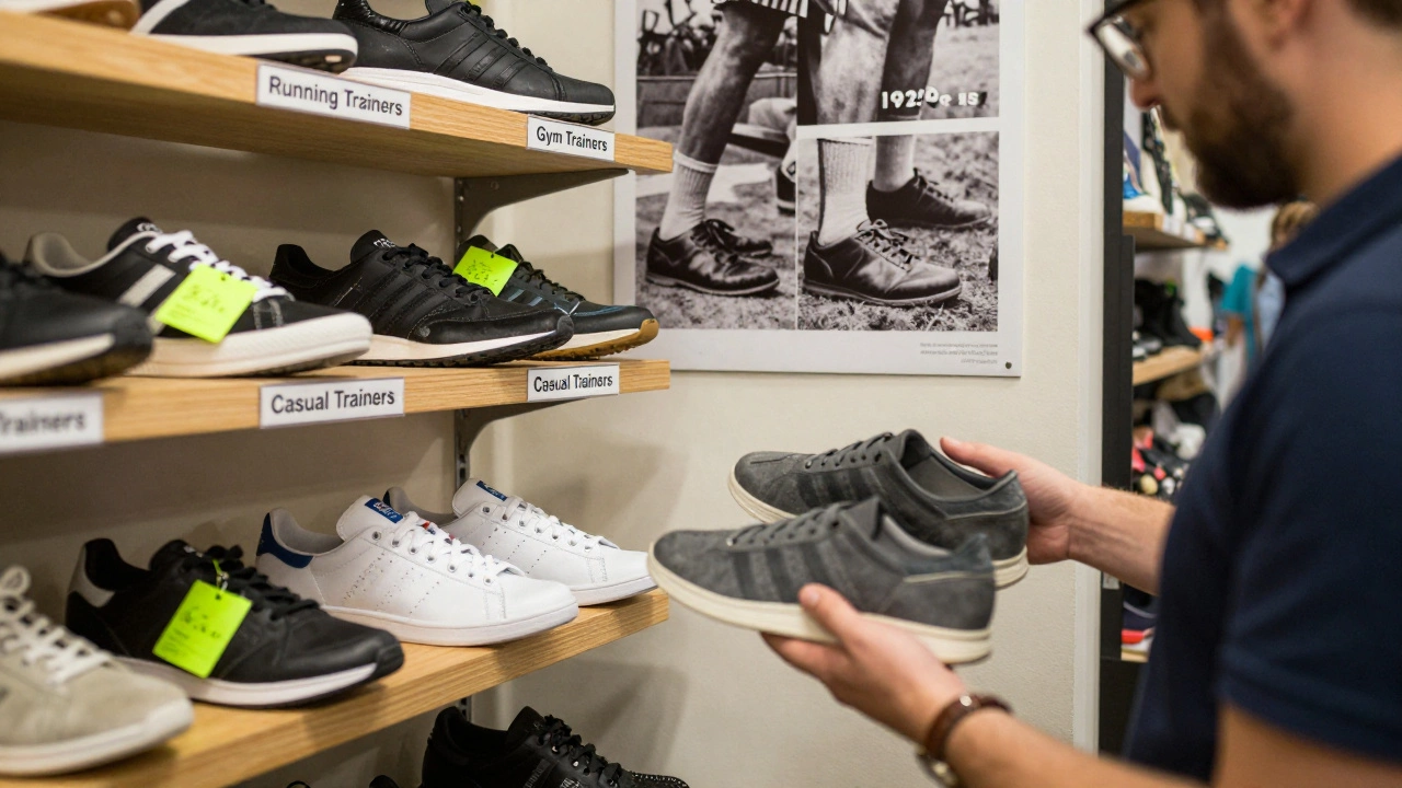 Shoe shop with labeled sections for running, gym, and casual trainers, including eco-friendly options.
