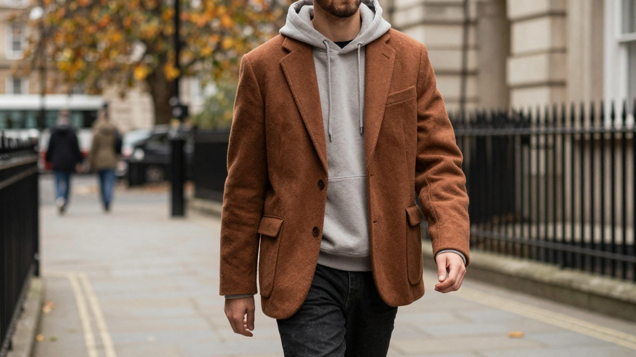 Street style shot of oversized blazer worn over a hoodie in autumn.