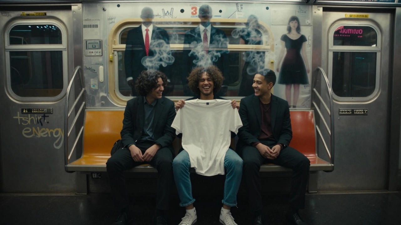 Three friends laughing on a subway bench, holding up a t-shirt as ghostly formal clothes fade around them.