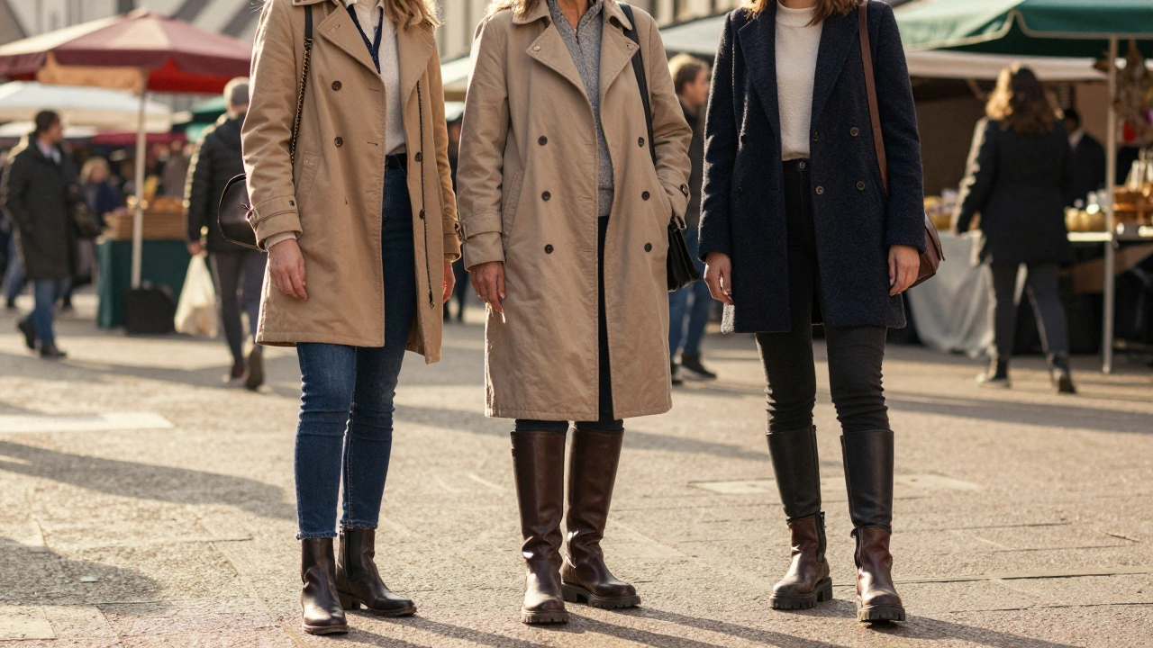 Three women of different ages wearing modern 2026 boot styles together in a vibrant market setting.