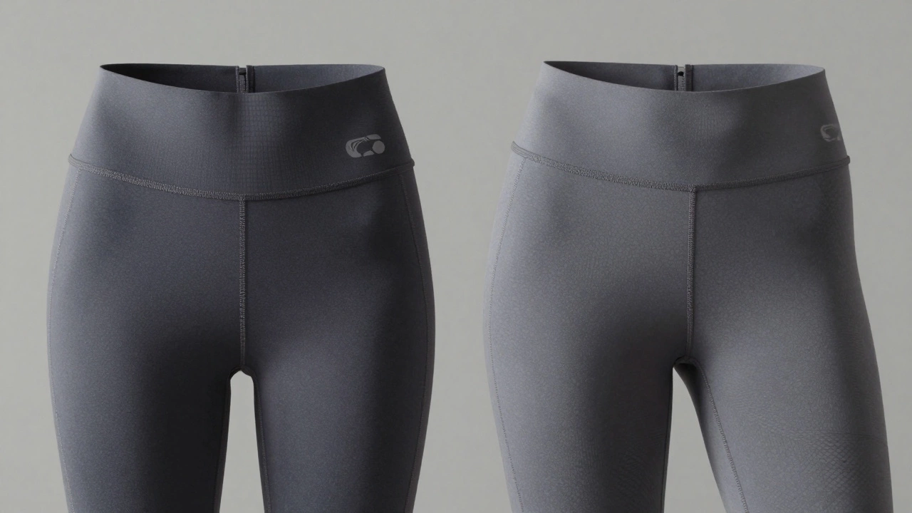 Two pairs of leggings side by side, highlighting sportswear compression seams versus activewear soft waistband and pattern.