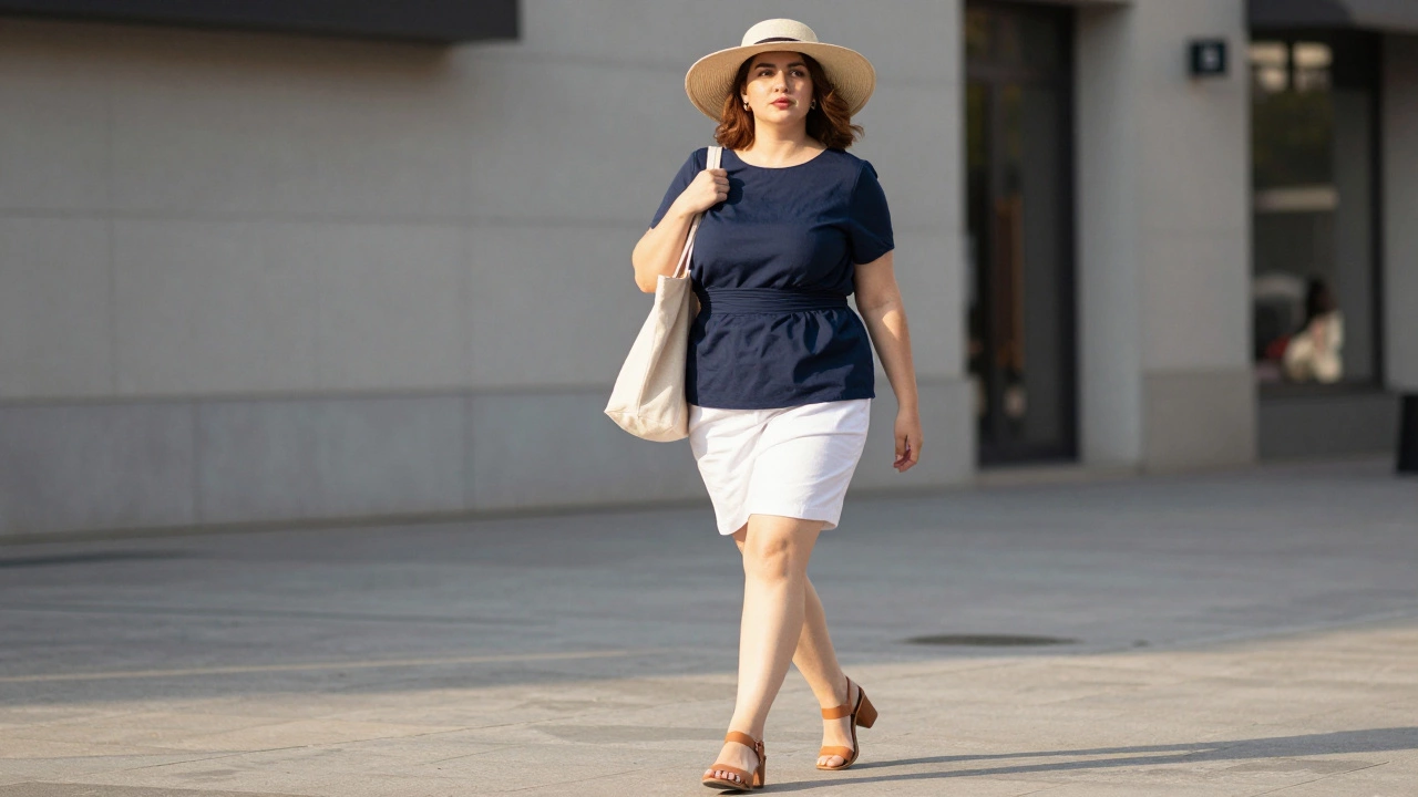 Woman in hat and sandals ready for a confident summer walk.