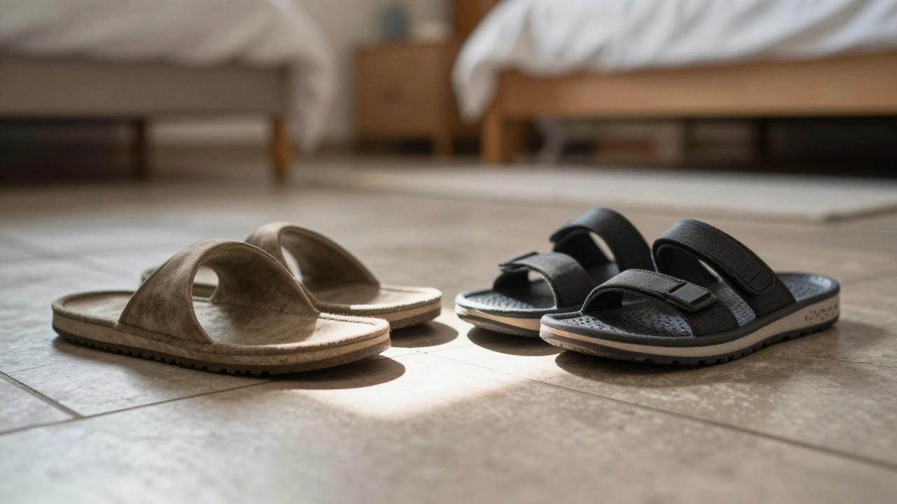 Worn-out slippers next to new supportive pairs, symbolizing the importance of replacement.