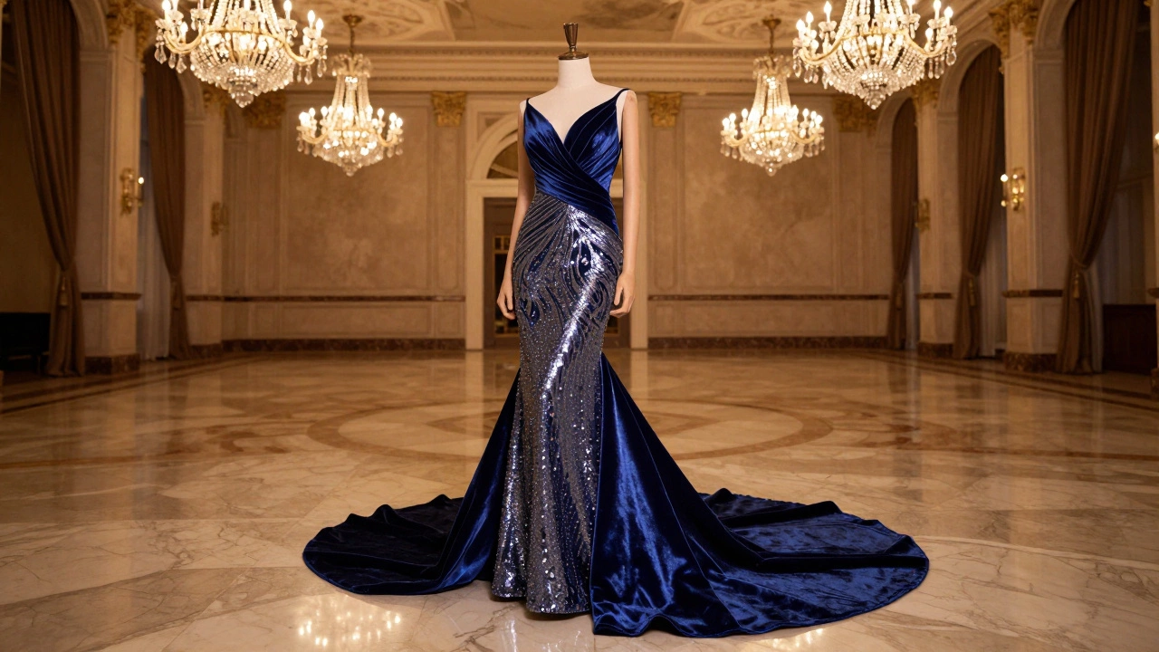 A luxurious floor-length midnight blue silk evening gown in a grand ballroom with chandeliers.