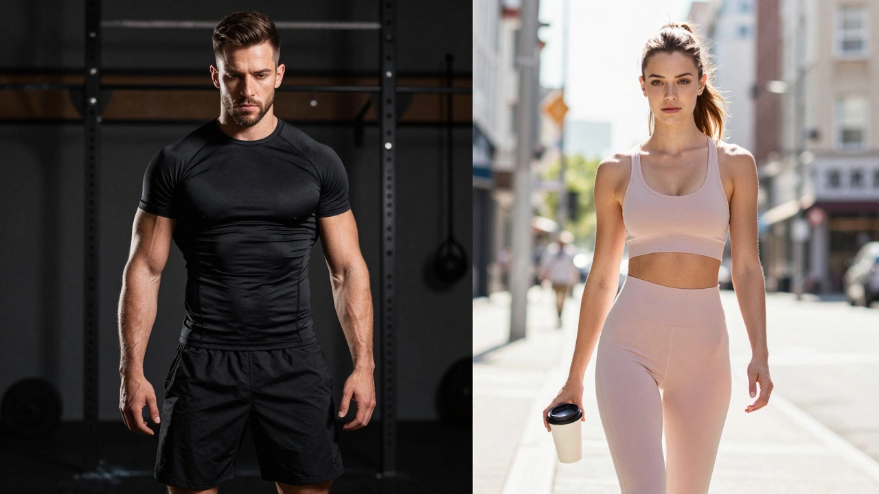 Comparison between high-intensity compression gear and casual city athleisure.