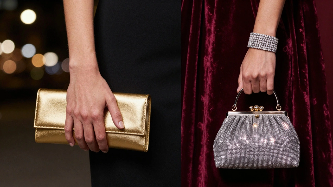 Comparison of cocktail accessories with a simple clutch versus formal evening jewelry and a sparkling bag.