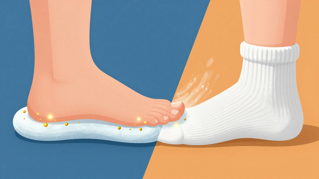 Conceptual art comparing a barefoot foot versus a socked foot in a foam shoe.