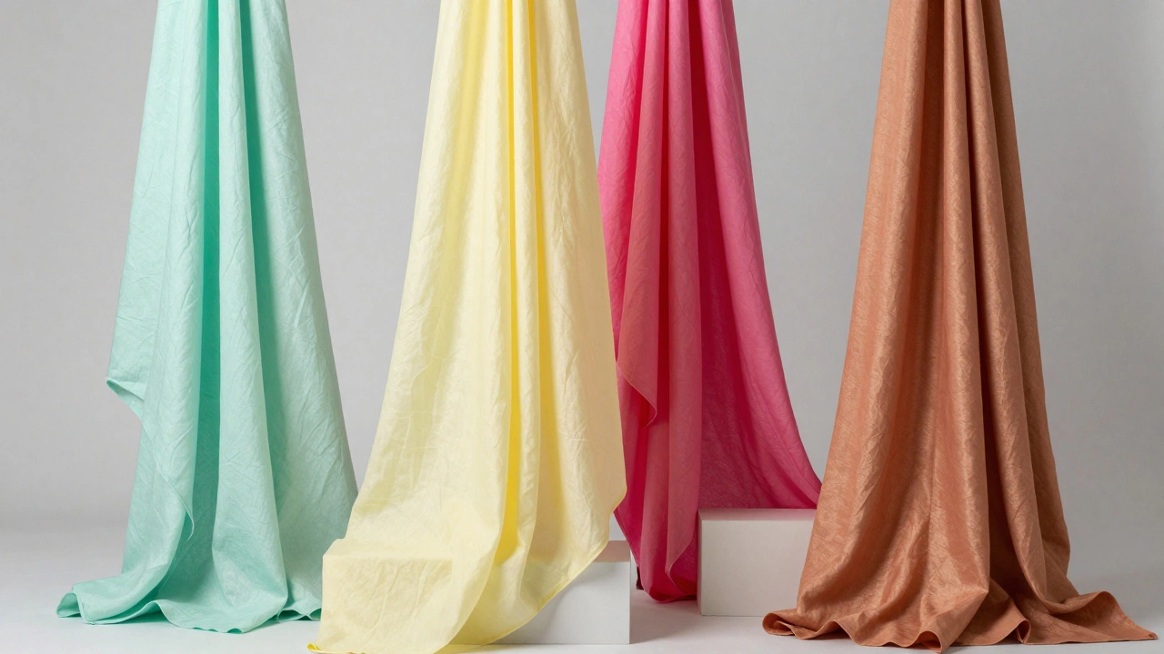 Draped summer fabrics in pastel, bright and neutral colors on pedestals