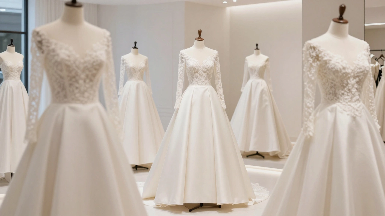 Elegant A-line wedding gowns with long lace sleeves displayed in a bright, modern bridal boutique.