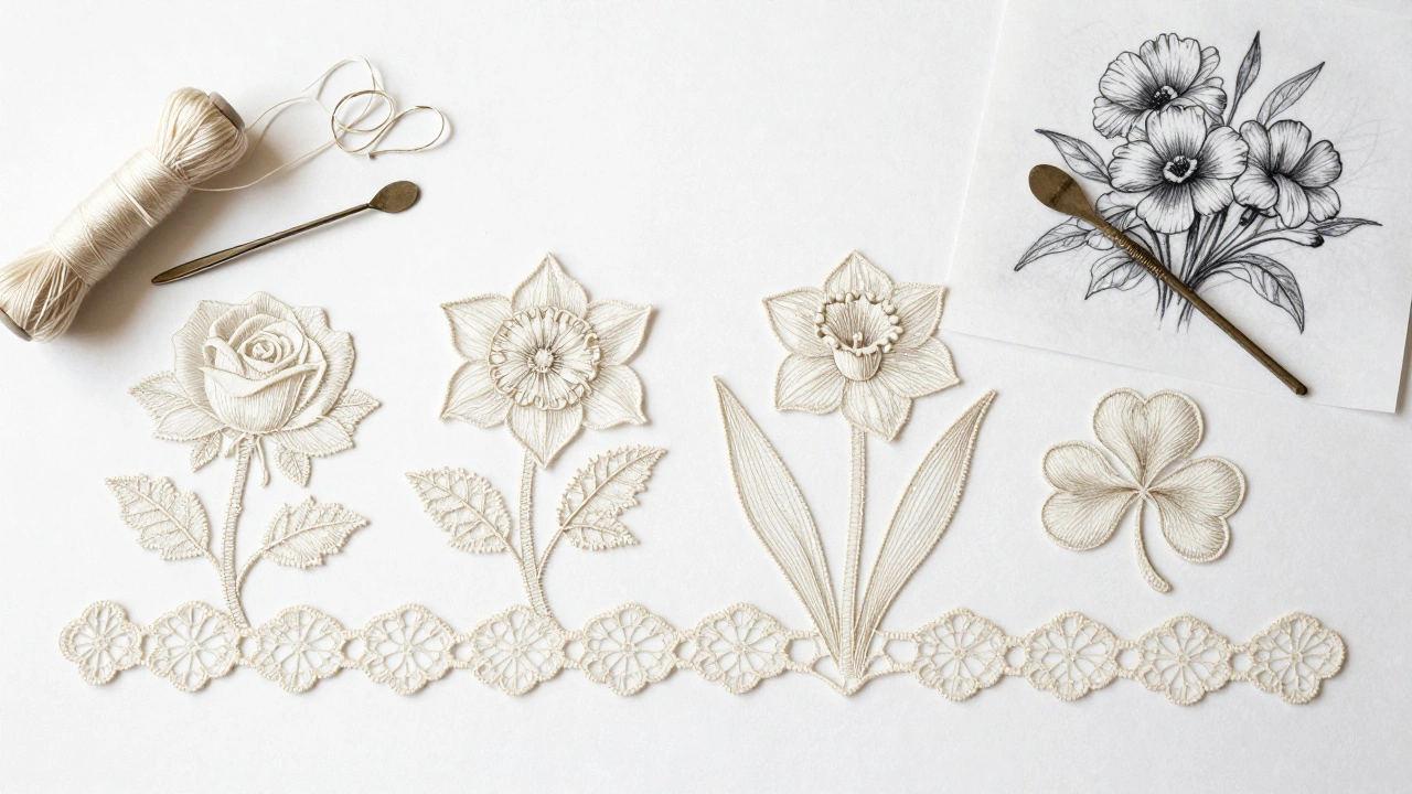 Flat lay of ivory Carrickmacross lace featuring UK botanical symbols and embroidery tools.