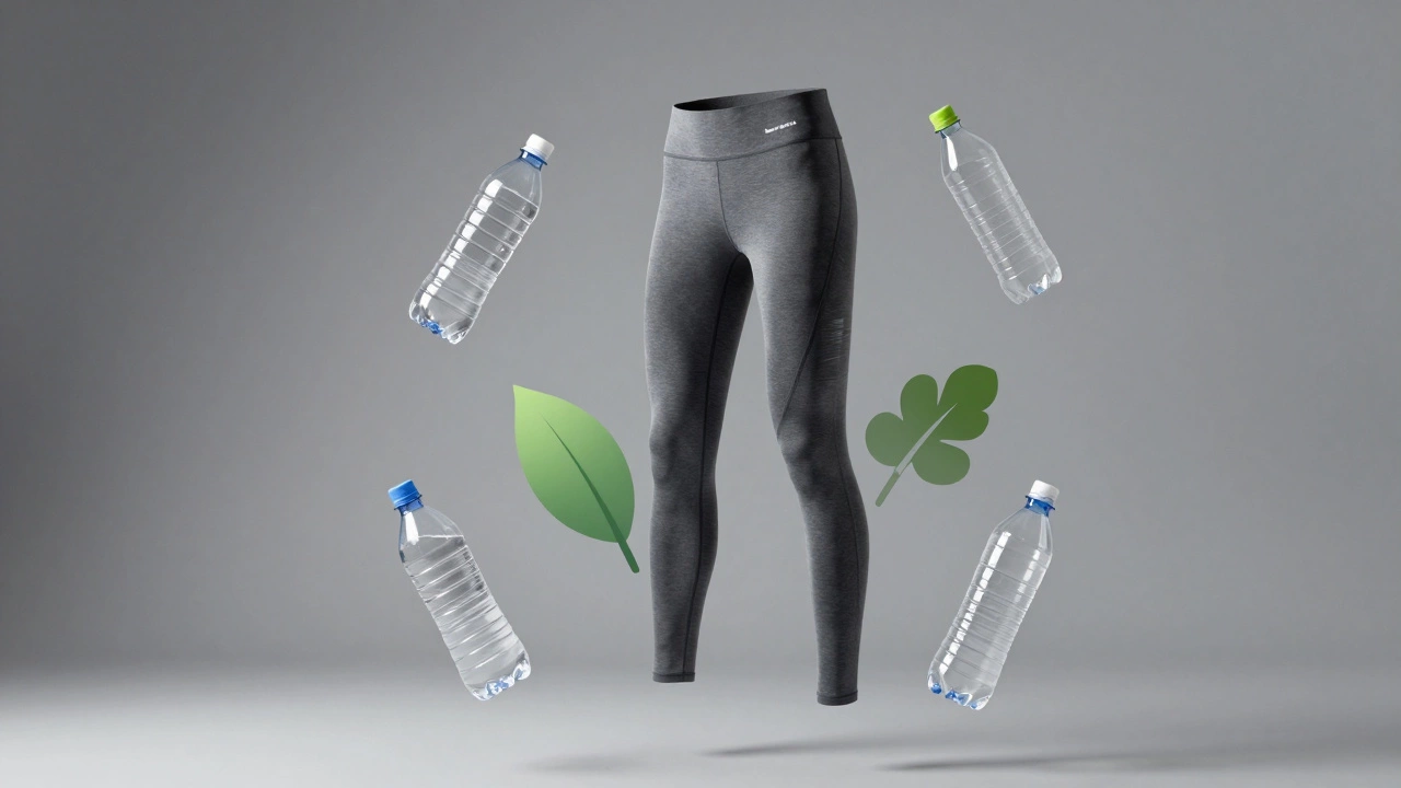 Floating sportswear leggings surrounded by recycled plastic bottles and leaves.