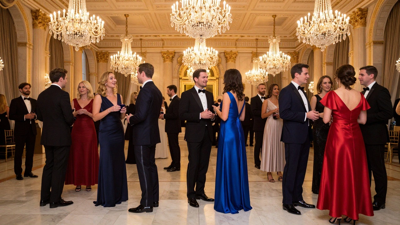 Guests in tuxedos and floor-length gowns attending a formal gala in a grand ballroom.