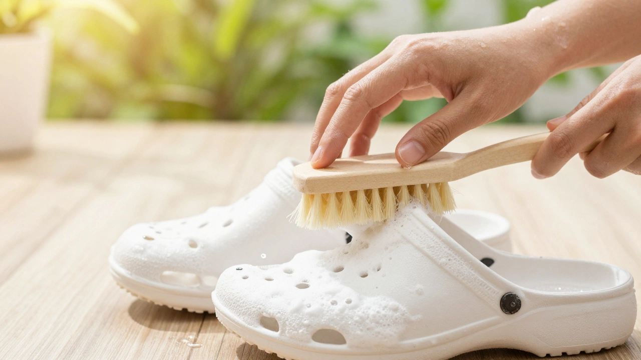 Hands scrubbing the inside of a foam clog with a brush and soapy water.