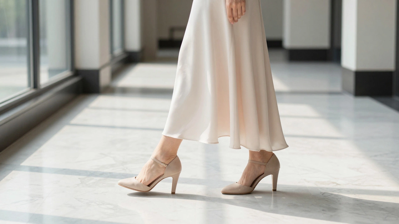 Woman in a long evening gown walking on marble floors wearing comfortable mid-height heels.