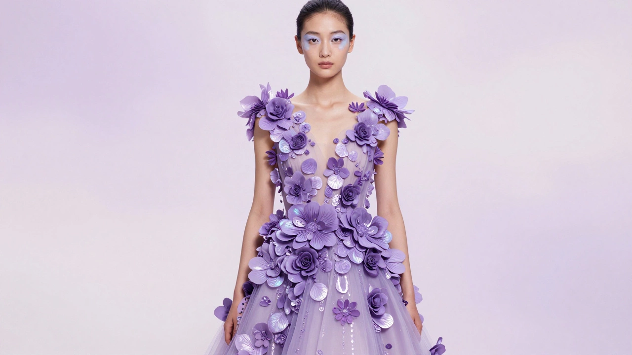 Woman wearing a digital lavender gown with 3D floral appliqués and soft-focus makeup