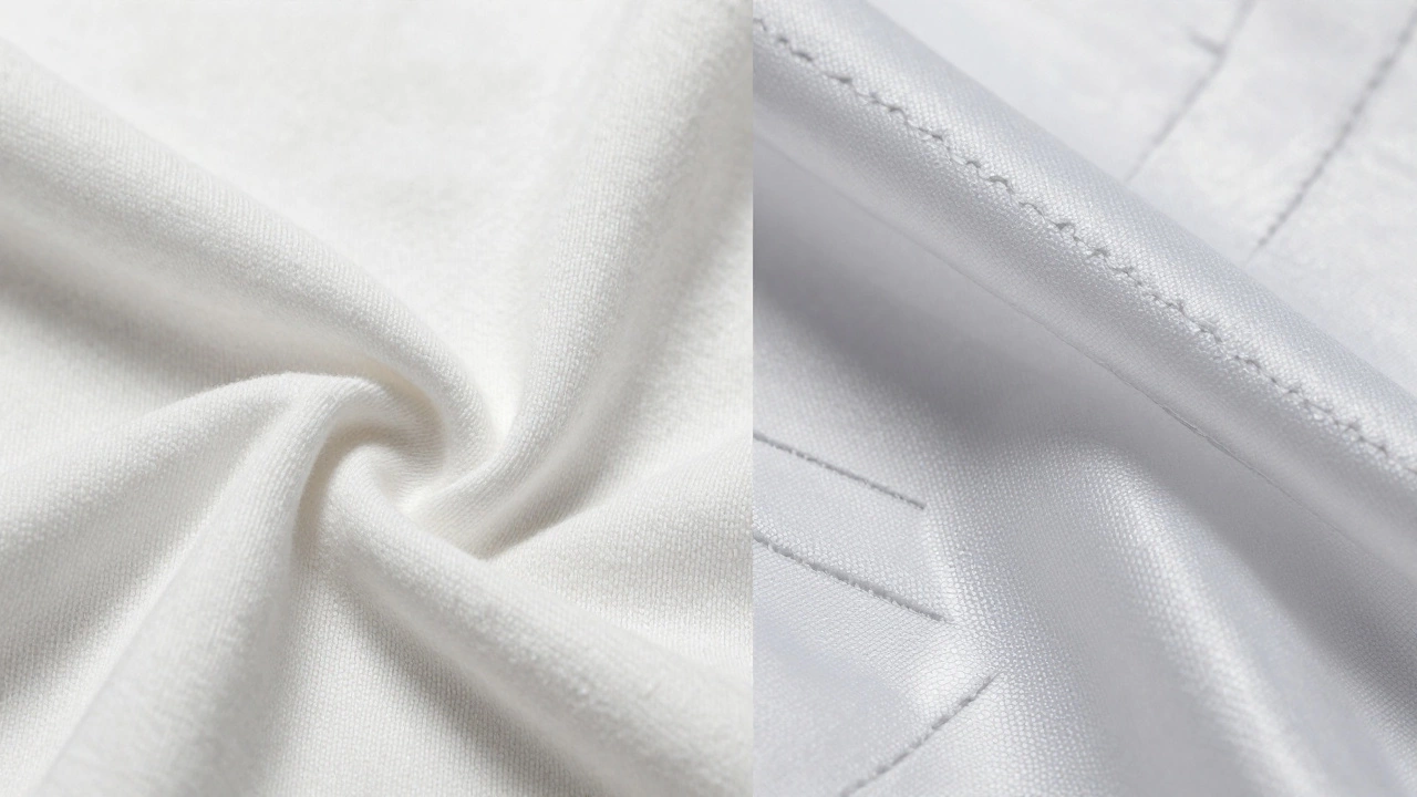 Close-up comparison of soft cotton fabric and technical synthetic weave