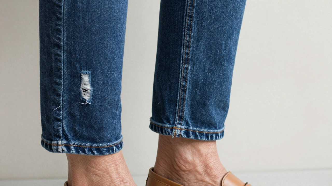 Close-up of subtle fraying and fading on high-quality denim jeans paired with leather loafers.