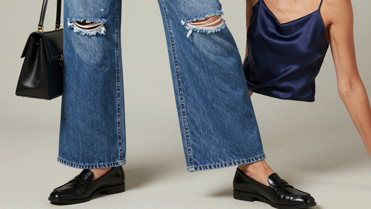 Close-up of wide-leg ripped jeans styled with loafers and silk top