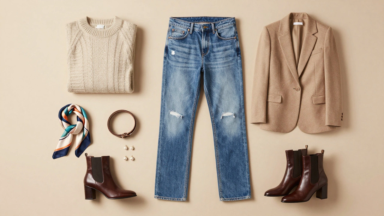 Flat lay of distressed jeans styled with a blazer, leather belt, scarf, and ankle boots.