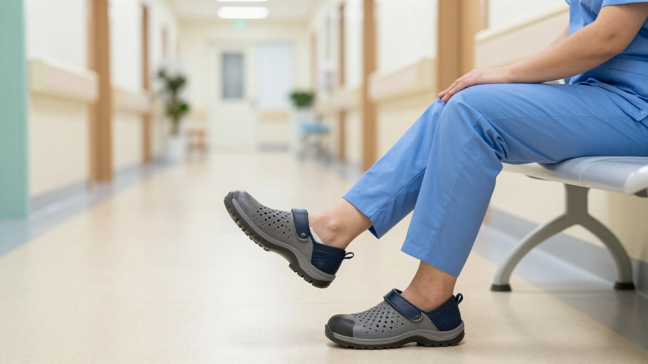 Healthcare worker resting feet in supportive work shoes
