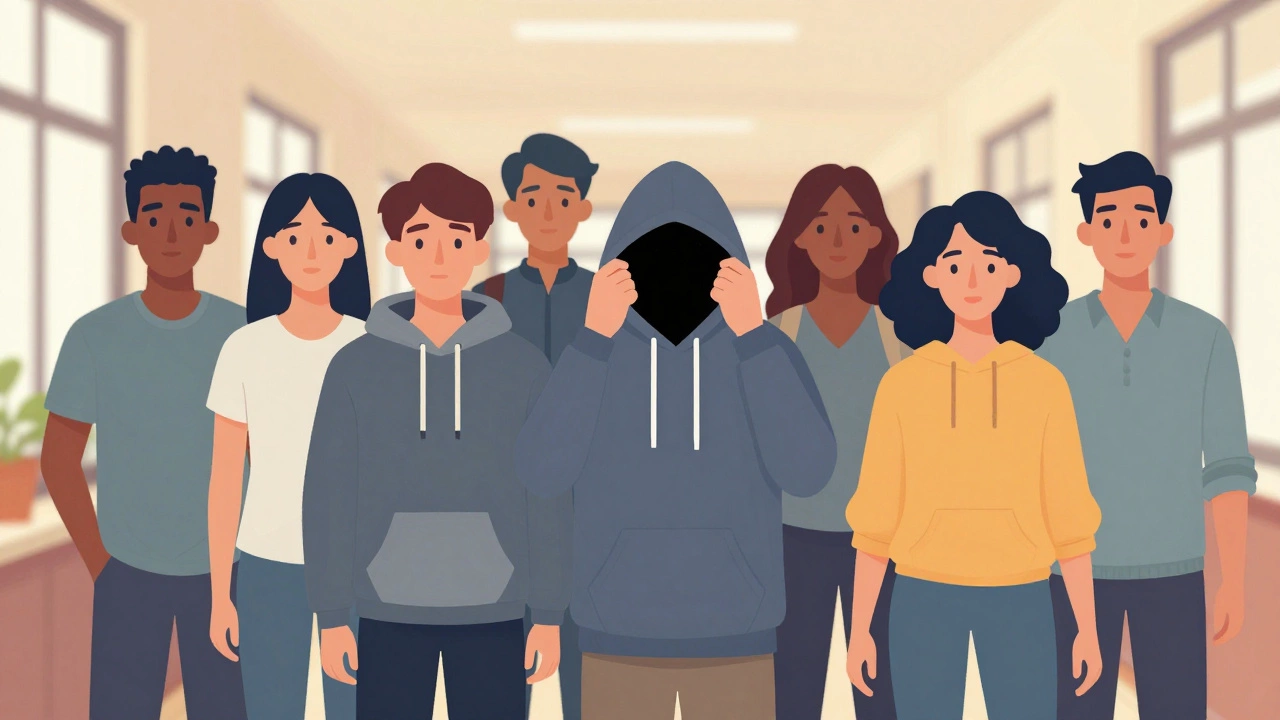 Illustration of teens using hoodies as social shields in a school hallway