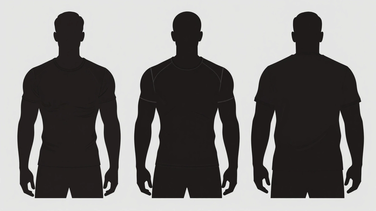 Illustration of three body types wearing correctly fitted t-shirts