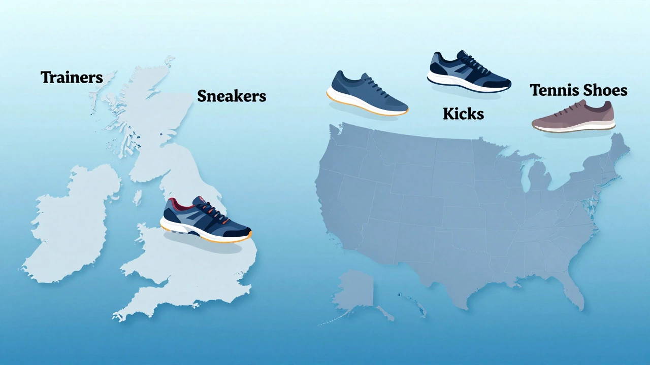 Map graphic comparing UK trainers vs US sneakers terminology