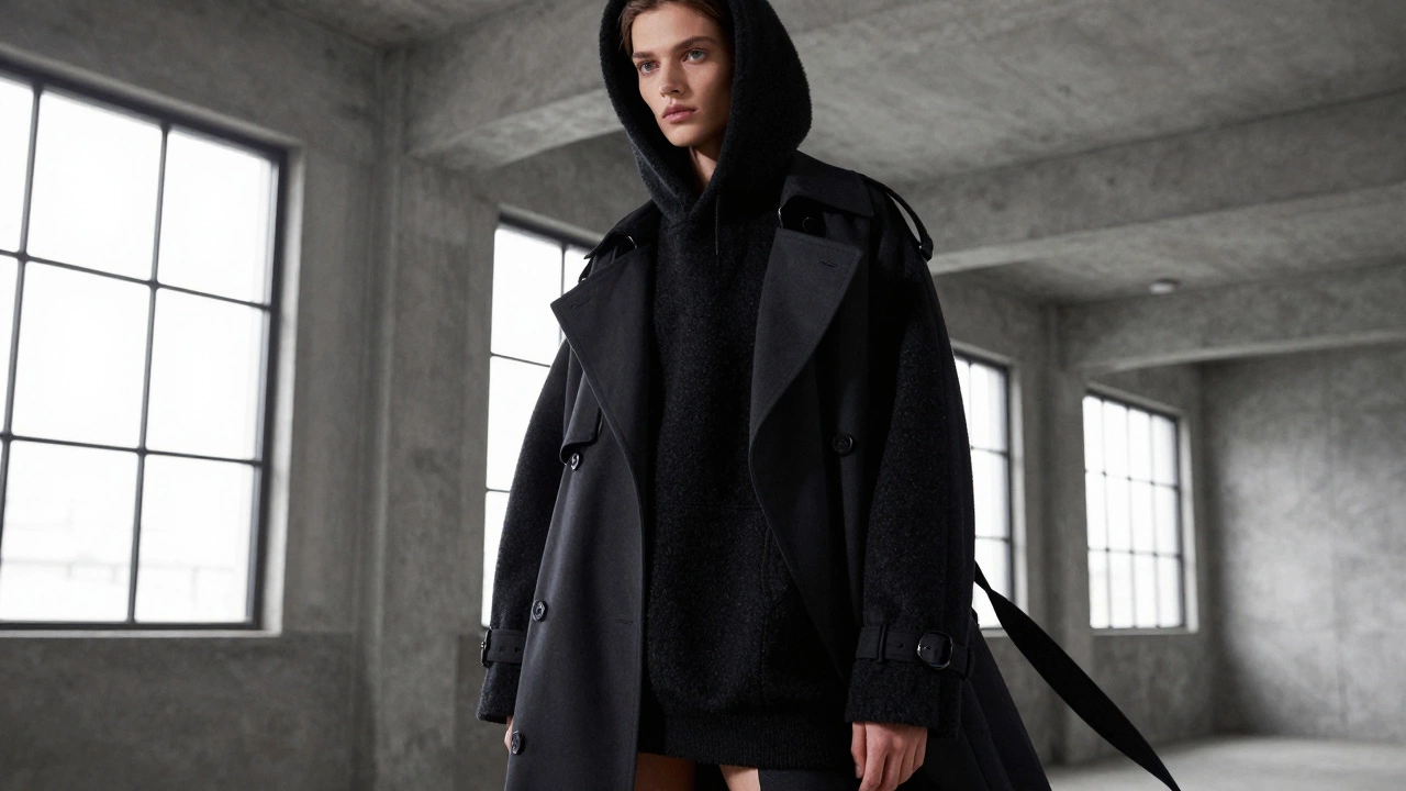 Model wearing luxury black hoodie in modern fashion pose