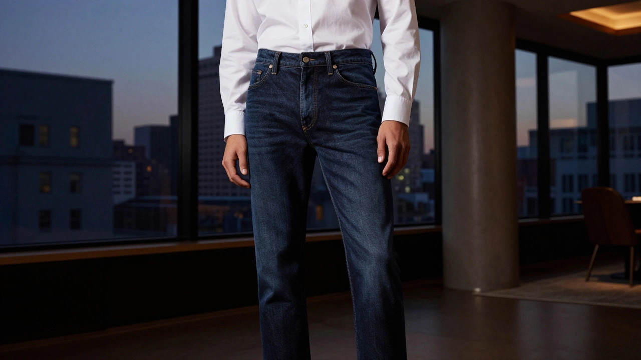 Model wearing tailored luxury jeans in an elegant urban loft setting.