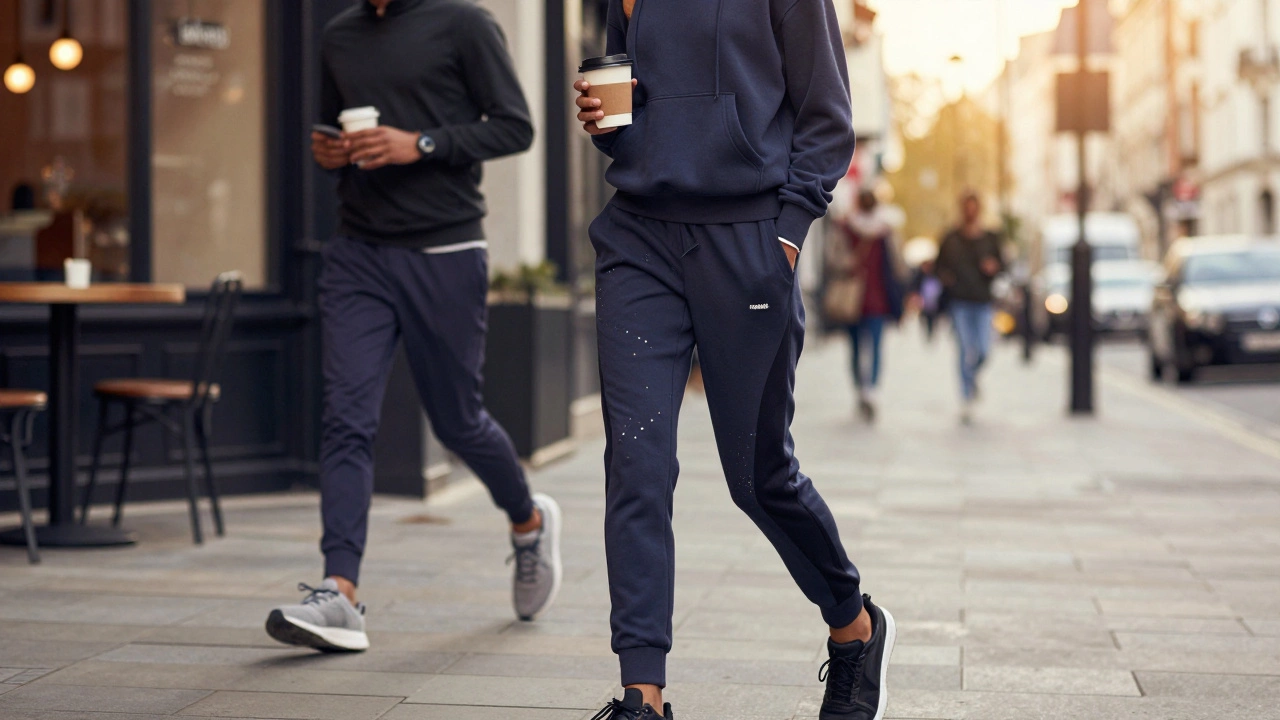 Person in stylish athleisure walking on a city street at sunset