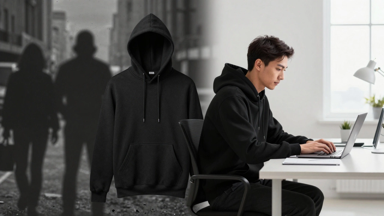 Split image showing hoodie history from prison to tech office