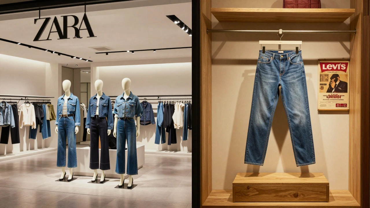 Split view contrasting a modern fast-fashion store with a classic heritage denim boutique.