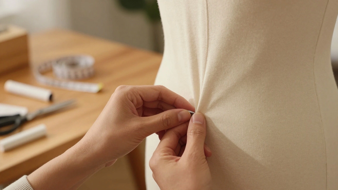 Tailor pinning a heavy cotton t-shirt on a dress form