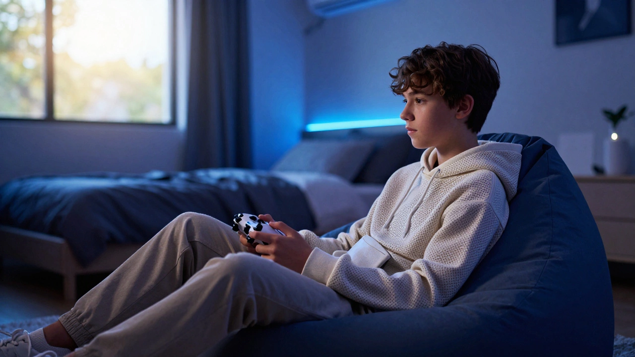 Teen gaming indoors in a cool room wearing a lightweight summer hoodie