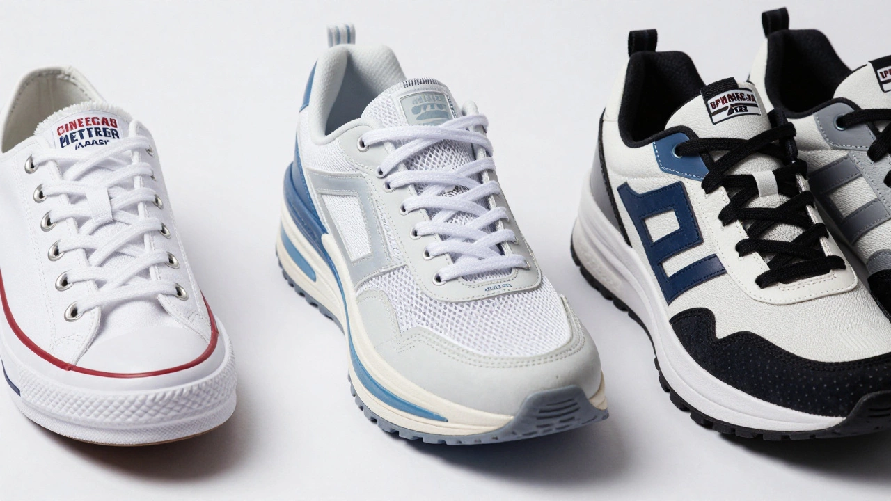 Three types of American footwear: canvas, running, and streetwear