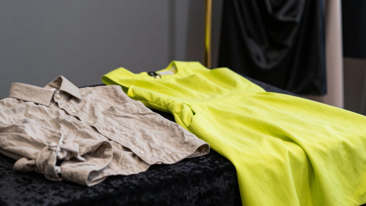 Wrinkled linen and neon fabric vs smooth satin dress textures